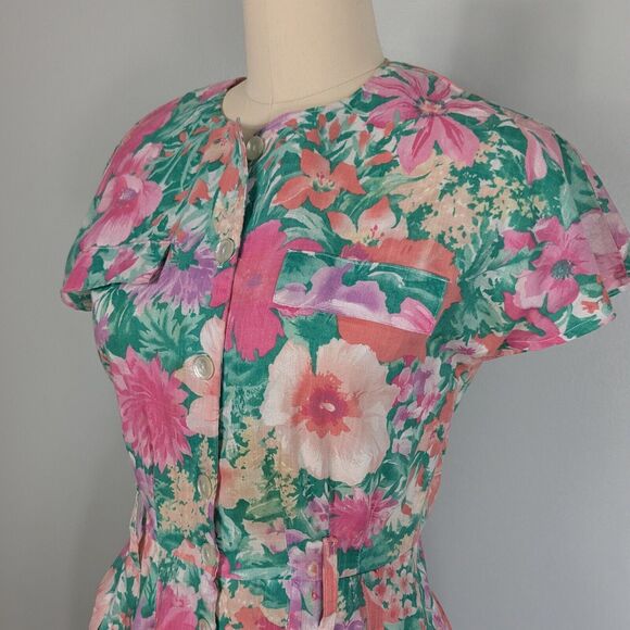 Vintage Midi Dress Fit Flare Floral 80s 90s Housewife Retro Pink Green Button 10 - Picture 2 of 16